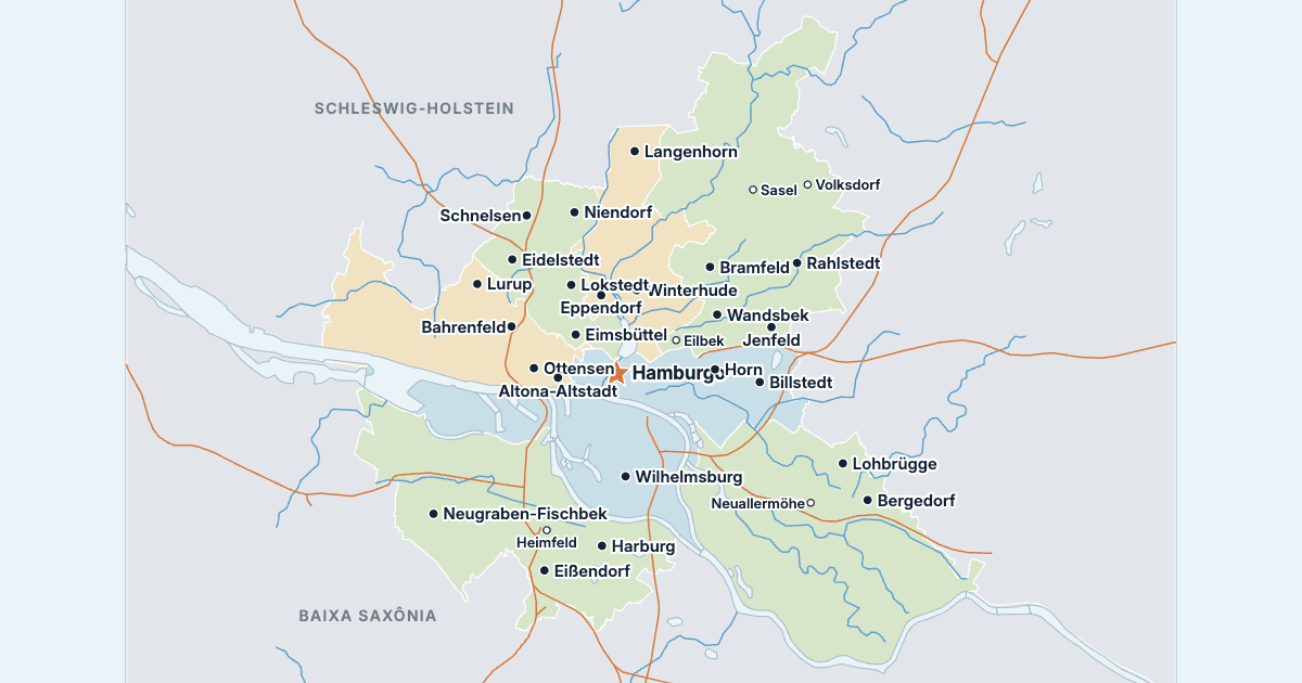Mapa de Hamburgo com as maiores cidades