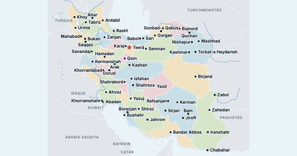 Mapa do Irã com as maiores cidades
