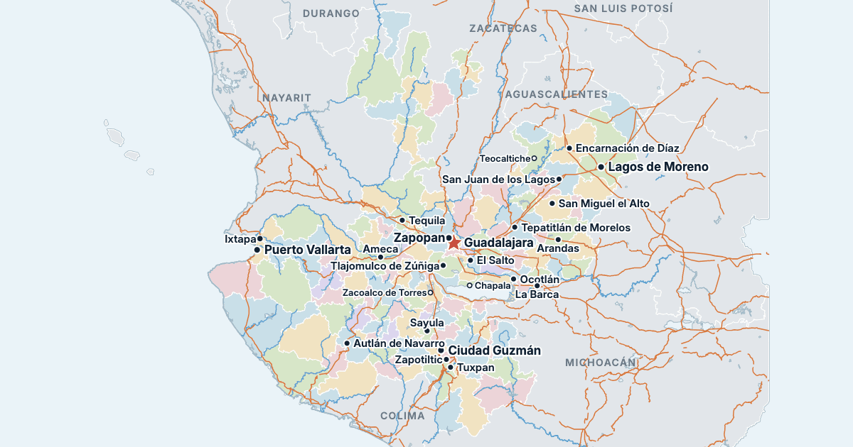 Mapa de Jalisco com as maiores cidades