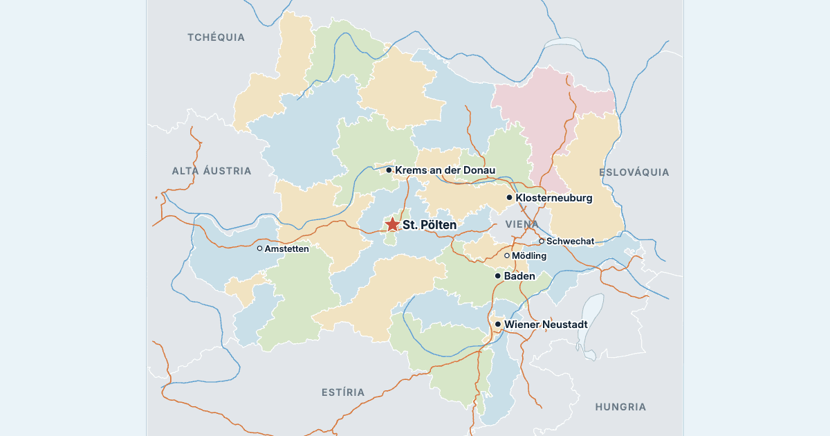 Mapa da Baixa Áustria com as maiores cidades