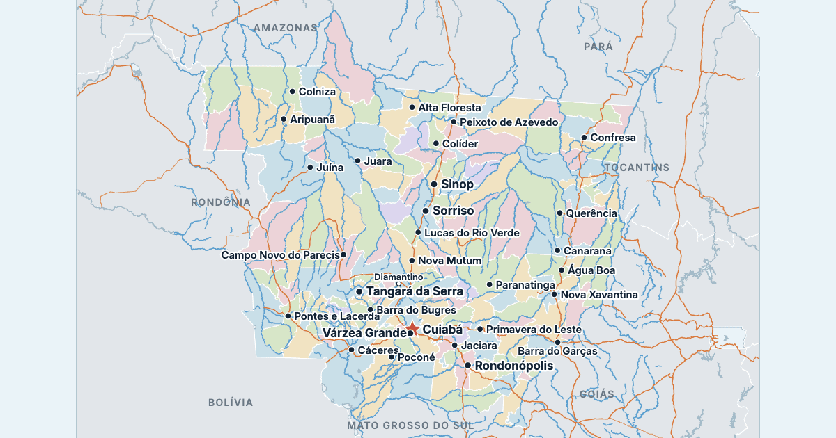 Mapa de Mato Grosso com as maiores cidades