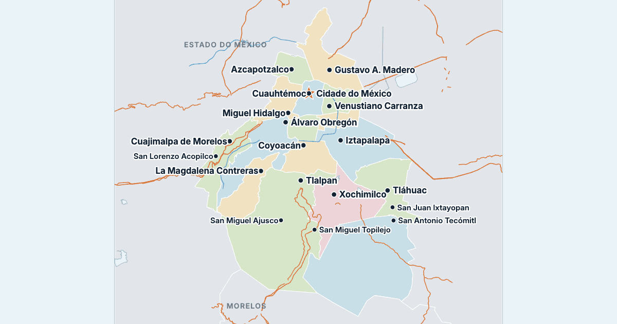 Mapa da Cidade do México com as maiores cidades