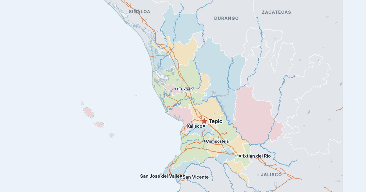 Mapa de Nayarit com as maiores cidades