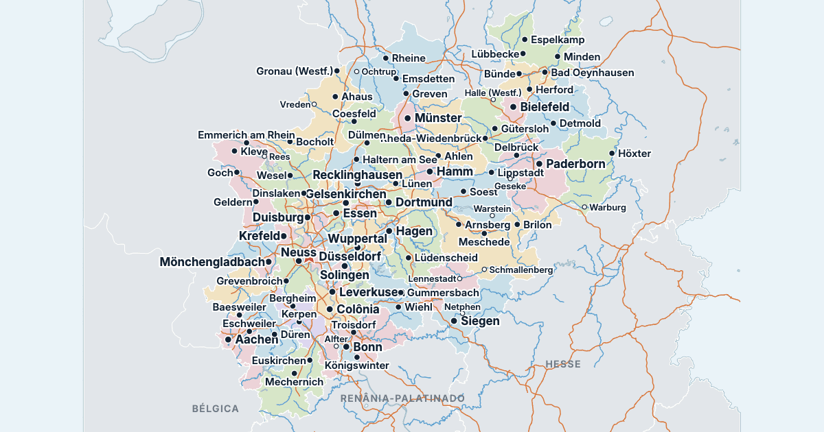 Mapa da Renânia do Norte-Vestfália com as maiores cidades