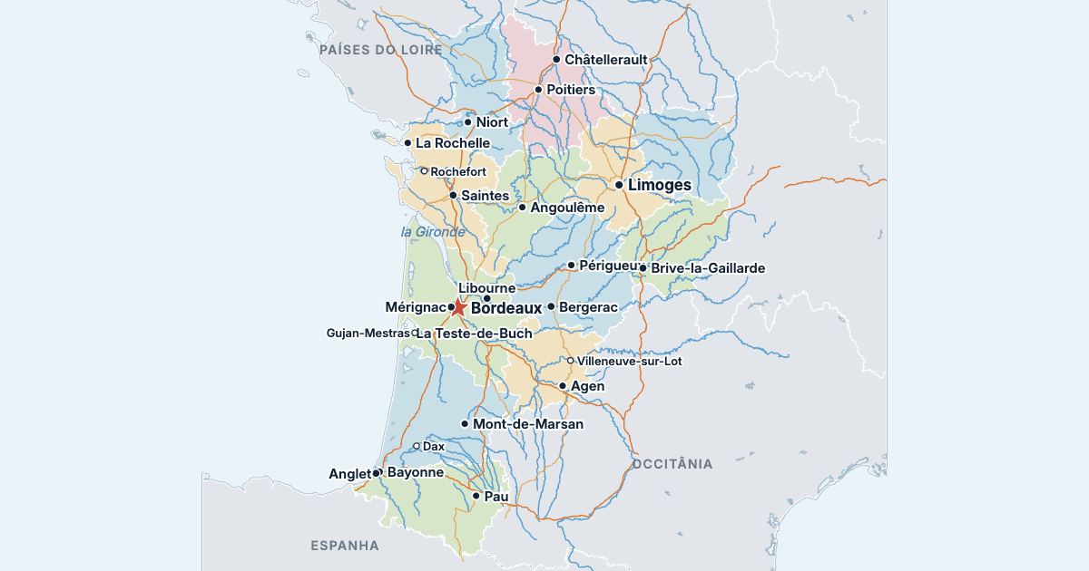 Mapa da Nova Aquitânia com as maiores cidades