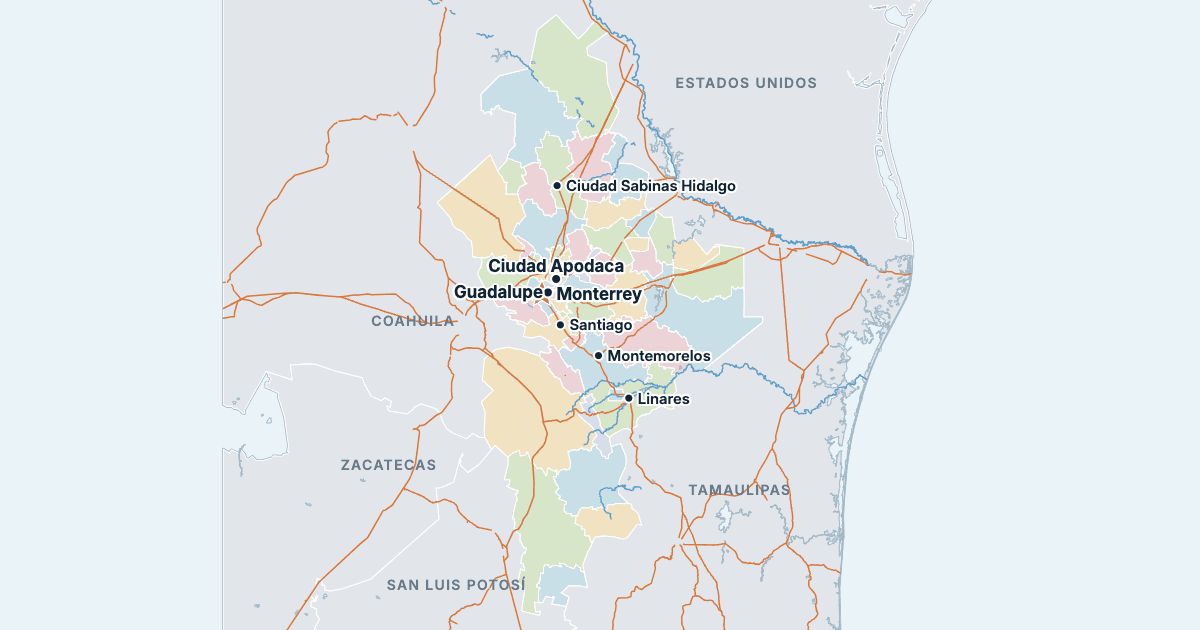 Mapa de Nuevo León com as maiores cidades
