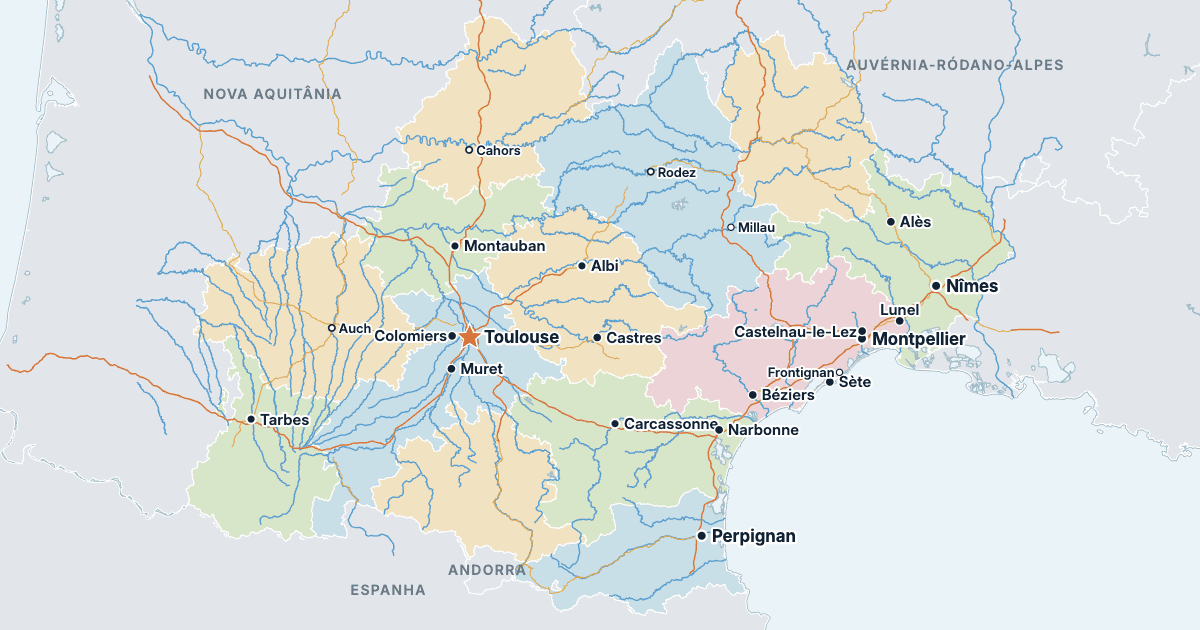 Mapa da Occitânia com as maiores cidades