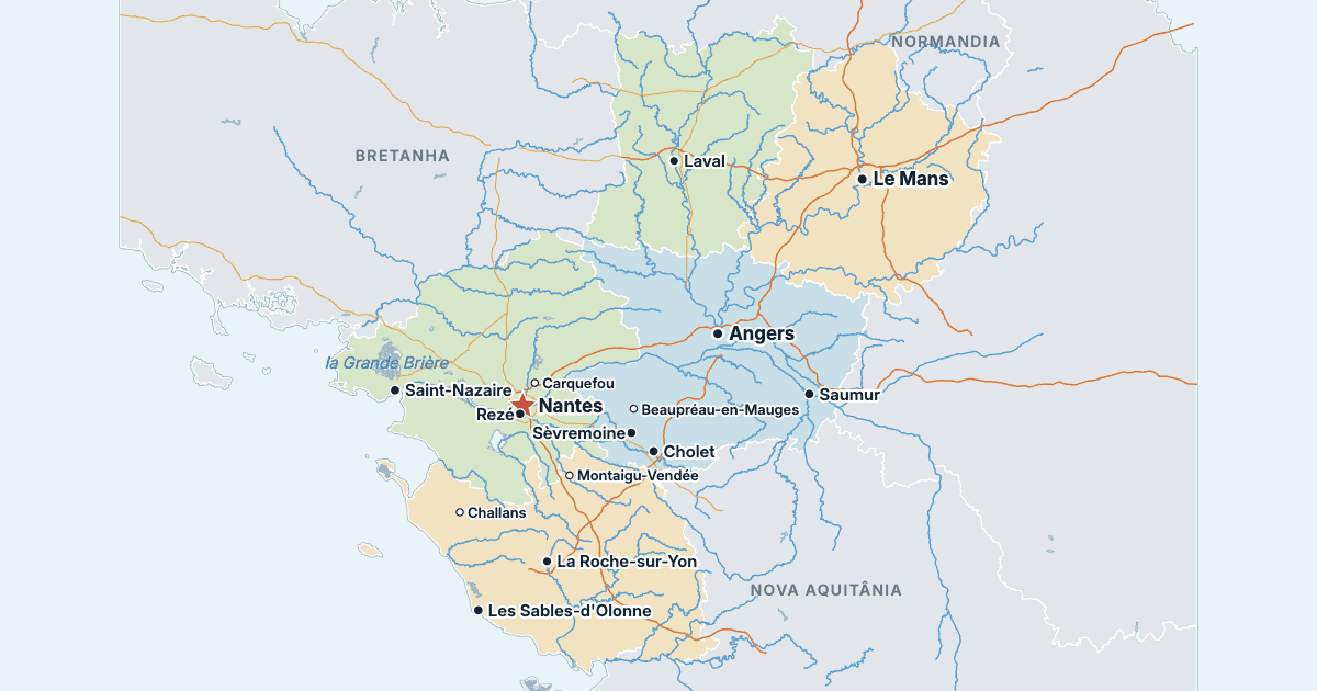 Mapa dos Países do Loire com as maiores cidades