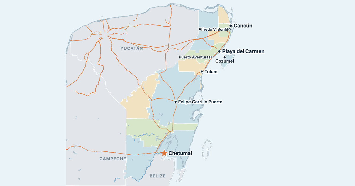 Mapa de Quintana Roo com as maiores cidades