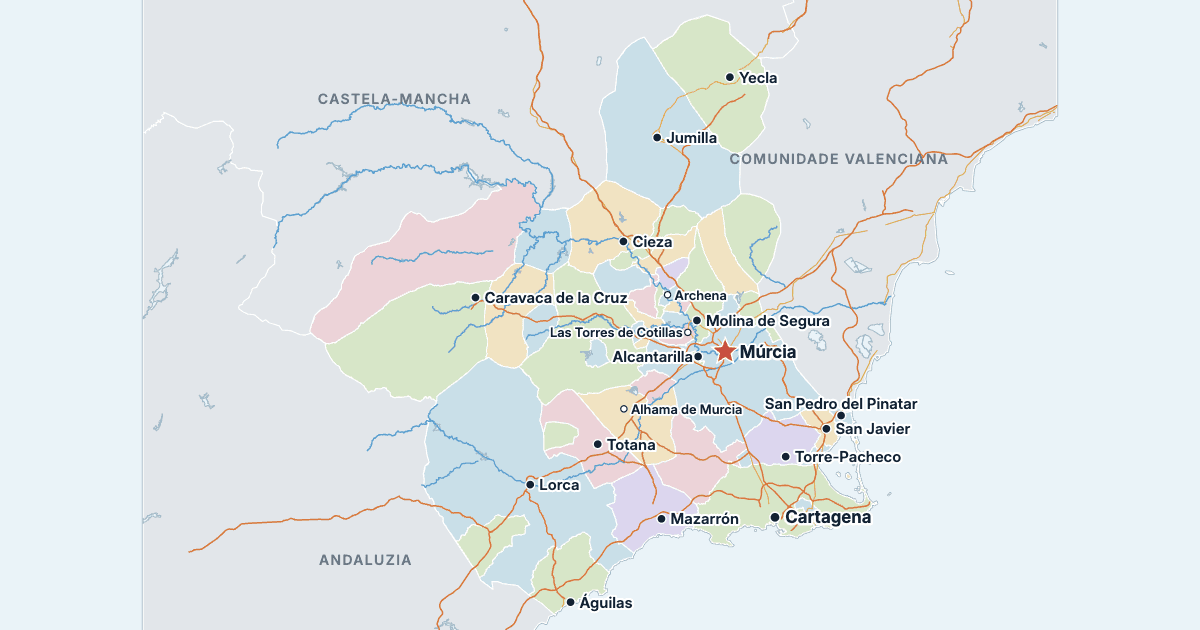 Mapa da Região de Múrcia com as maiores cidades
