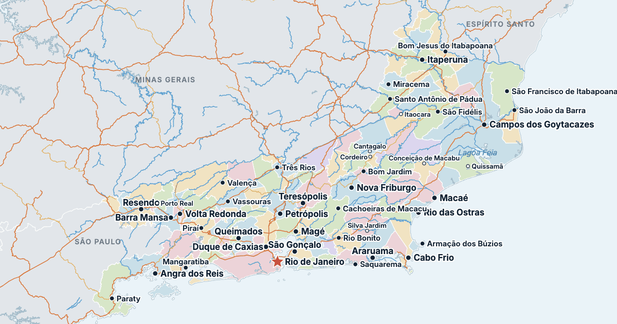 Mapa do estado do Rio de Janeiro com as maiores cidades
