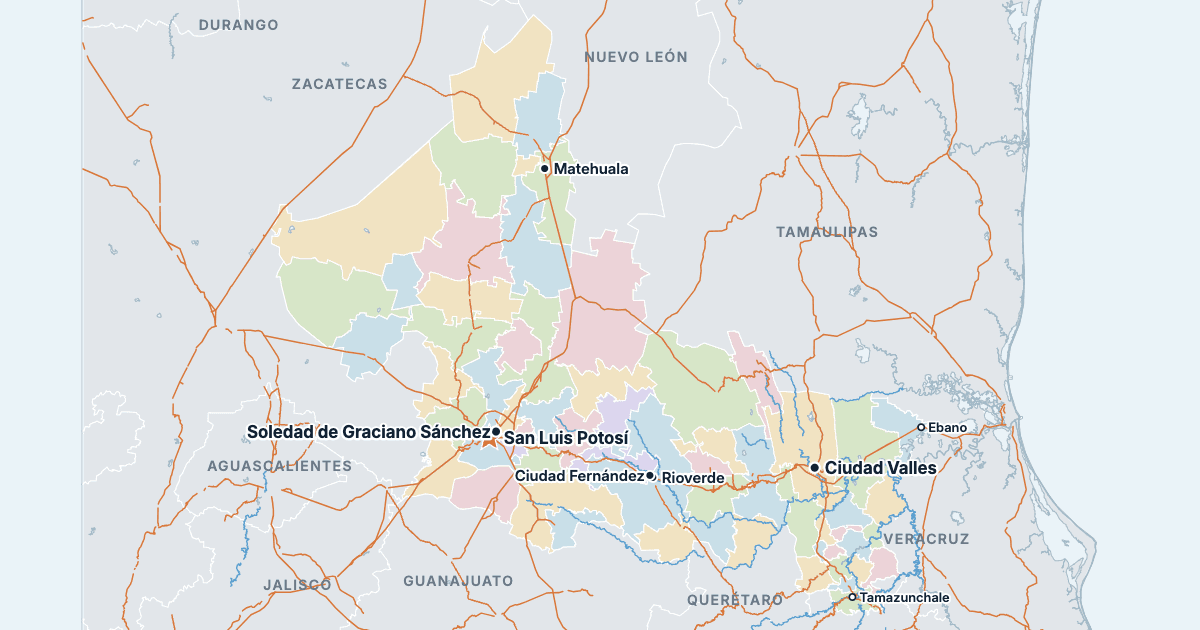 Mapa de San Luis Potosí com as maiores cidades