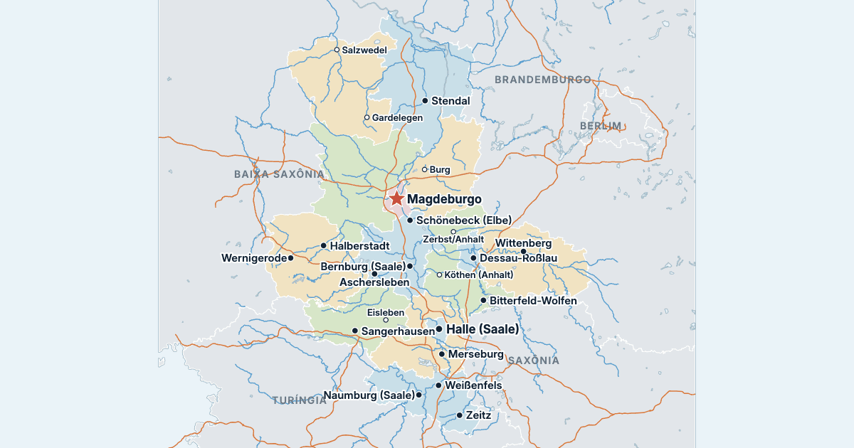 Mapa da Saxônia-Anhalt com as maiores cidades