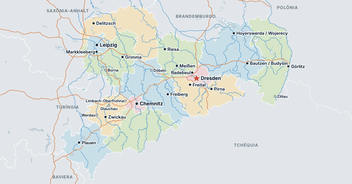 Mapa da Saxônia com as maiores cidades