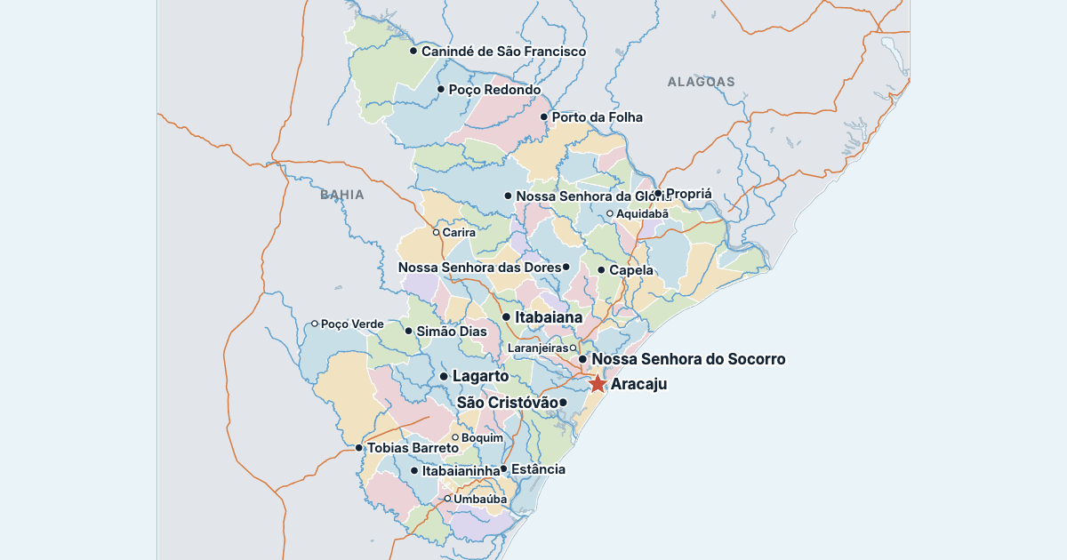 Mapa de Sergipe com as maiores cidades