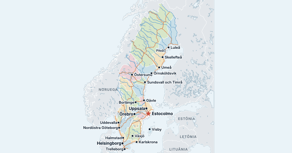 Mapa das províncias da Suécia com as maiores cidades