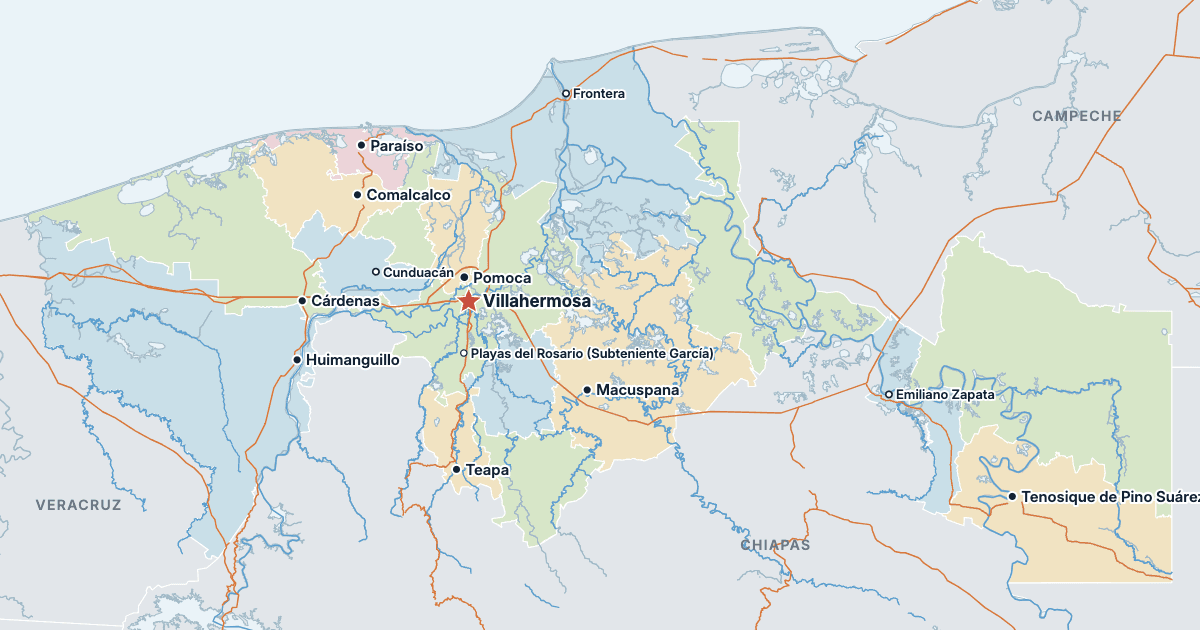 Mapa de Tabasco com as maiores cidades