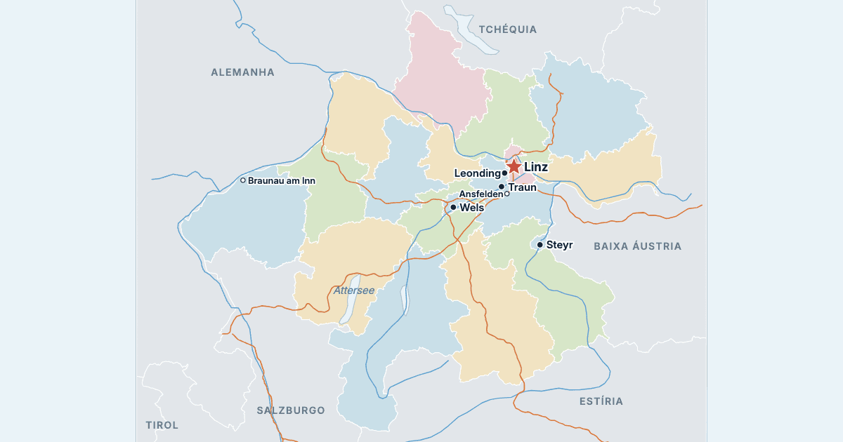 Mapa da Alta Áustria com as maiores cidades