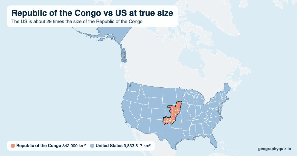 Republic of the Congo vs US size comparison map: the Republic of the Congo laid over the US at true size. The US is about 29 times the size of the Republic of the Congo.