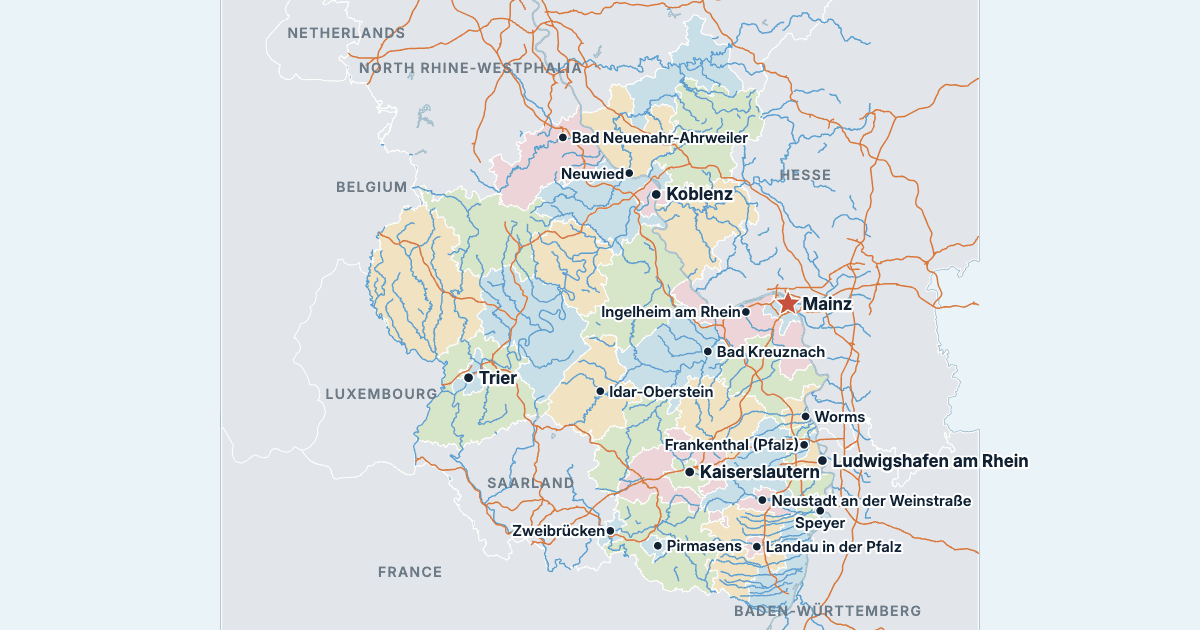 Map of Rhineland-Palatinate with its largest cities