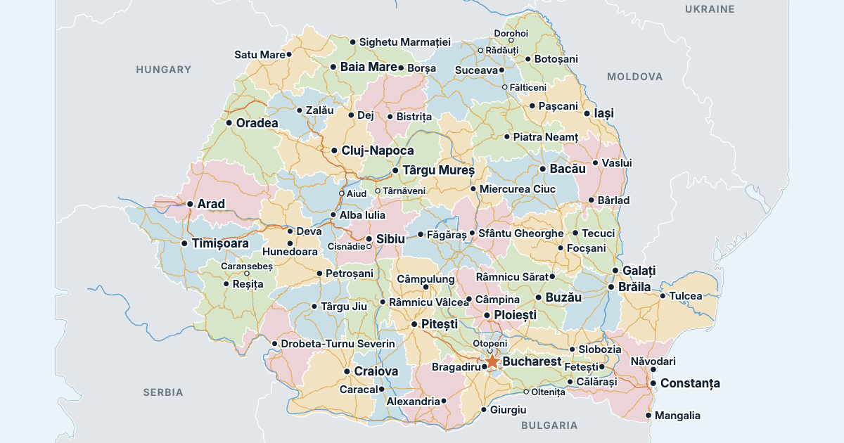 Map of Romania with its largest cities
