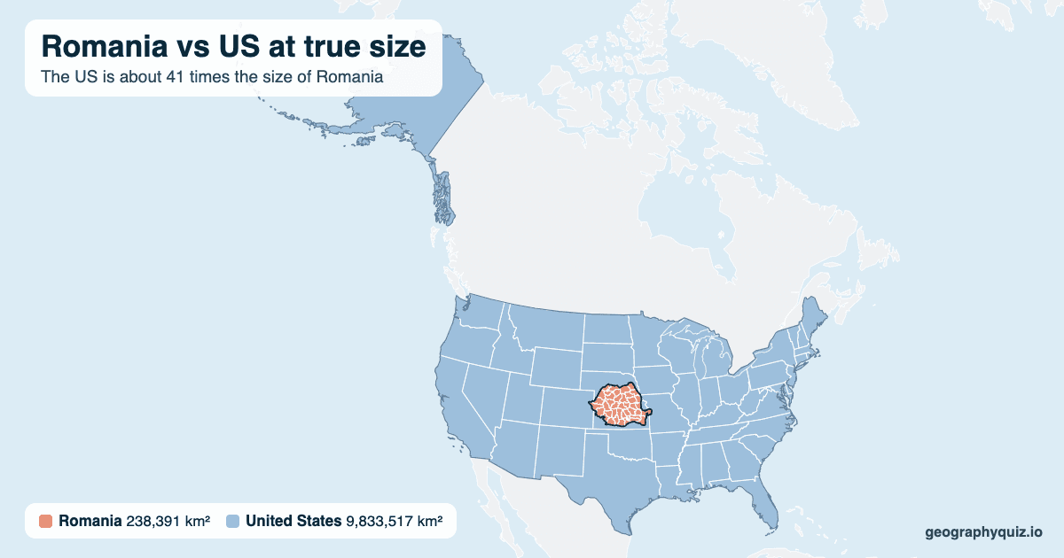 Romania vs US size comparison map: Romania laid over the US at true size. The US is about 41 times the size of Romania.