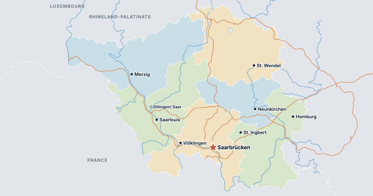 Map of Saarland with its largest cities