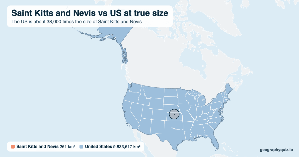 Saint Kitts and Nevis vs US size comparison map: Saint Kitts and Nevis laid over the US at true size. The US is about 38,000 times the size of Saint Kitts and Nevis.