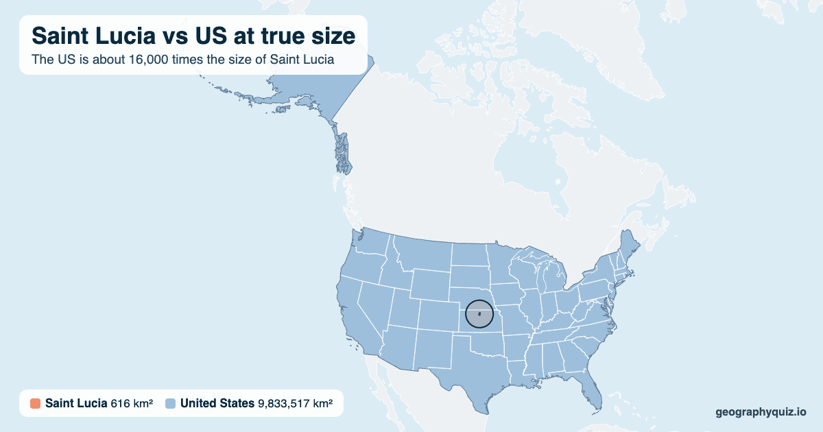 Saint Lucia vs US size comparison map: Saint Lucia laid over the US at true size. The US is about 16,000 times the size of Saint Lucia.