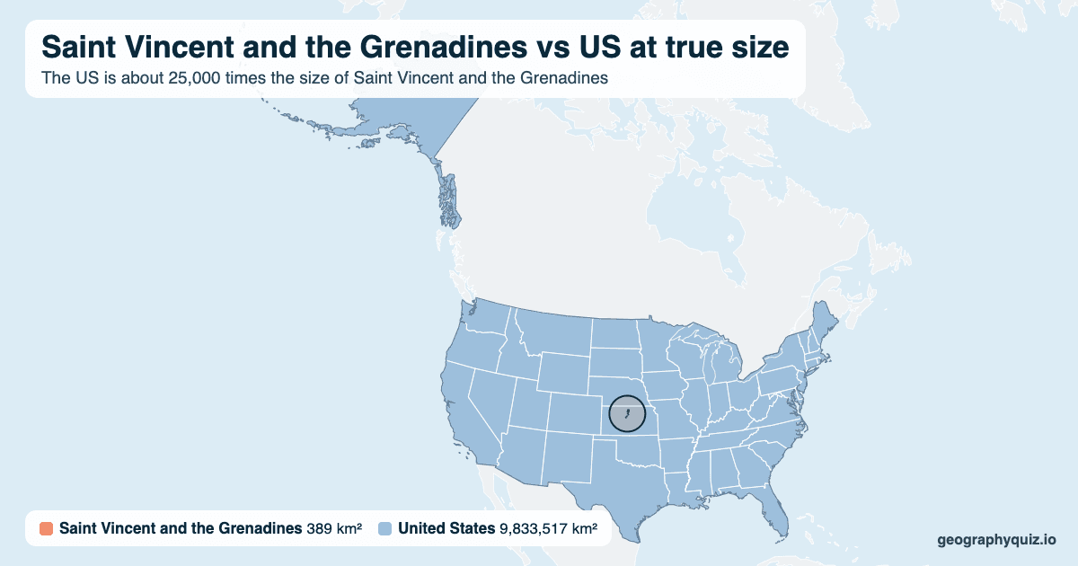 Saint Vincent and the Grenadines vs US size comparison map: Saint Vincent and the Grenadines laid over the US at true size. The US is about 25,000 times the size of Saint Vincent and the Grenadines.