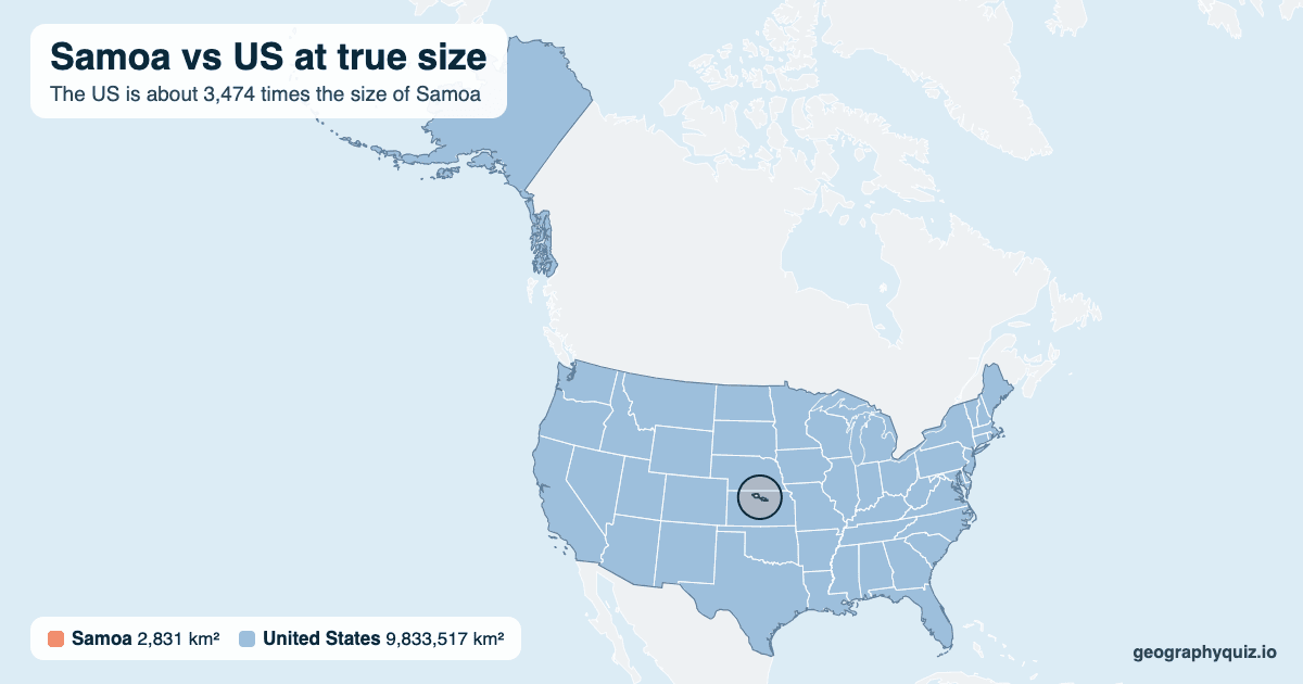 Samoa vs US size comparison map: Samoa laid over the US at true size. The US is about 3,474 times the size of Samoa.