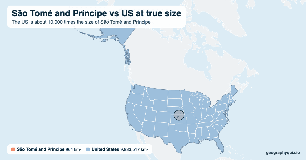 São Tomé and Príncipe vs US size comparison map: São Tomé and Príncipe laid over the US at true size. The US is about 10,000 times the size of São Tomé and Príncipe.