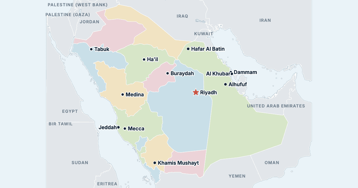 Map of Saudi Arabia with its largest cities