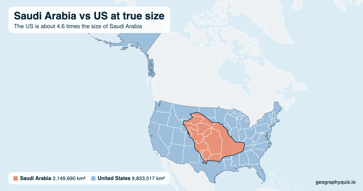 Saudi Arabia vs US size comparison map: Saudi Arabia laid over the US at true size. The US is about 4.6 times the size of Saudi Arabia.