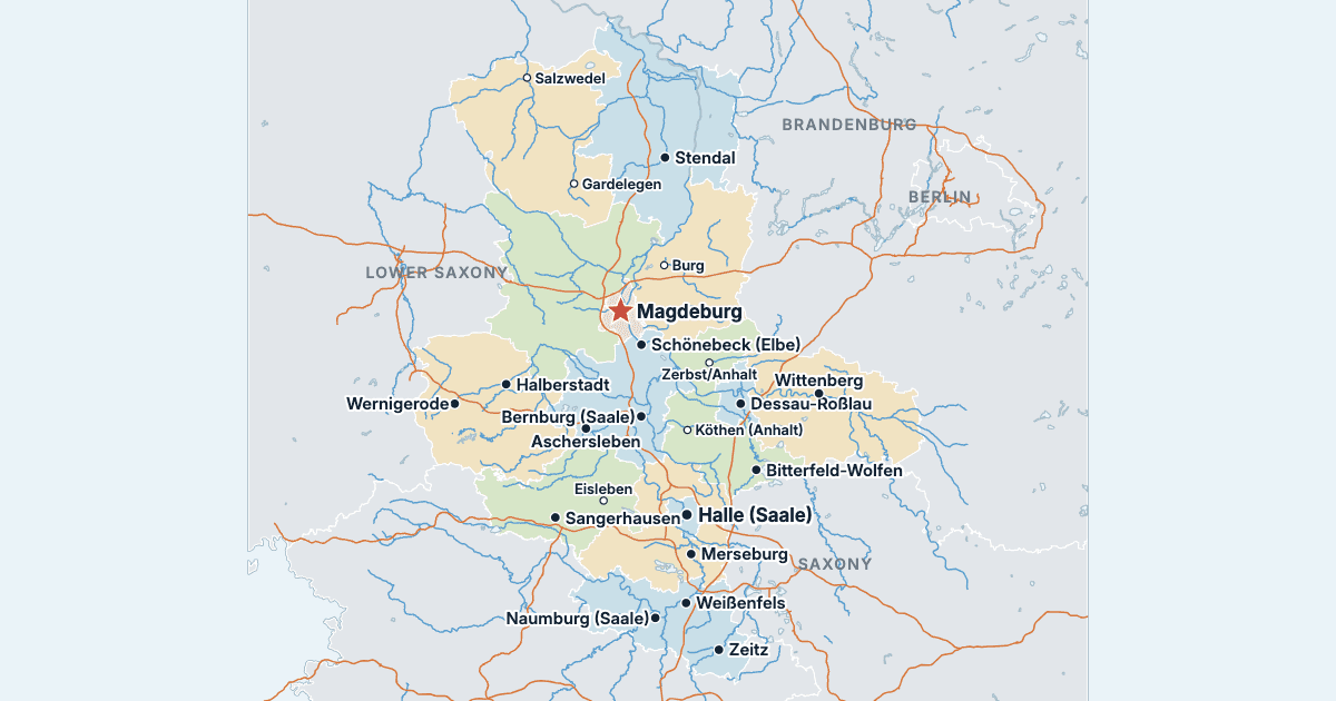 Map of Saxony-Anhalt with its largest cities