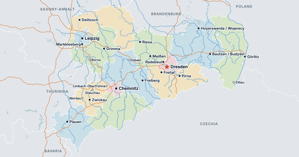 Map of Saxony with its largest cities