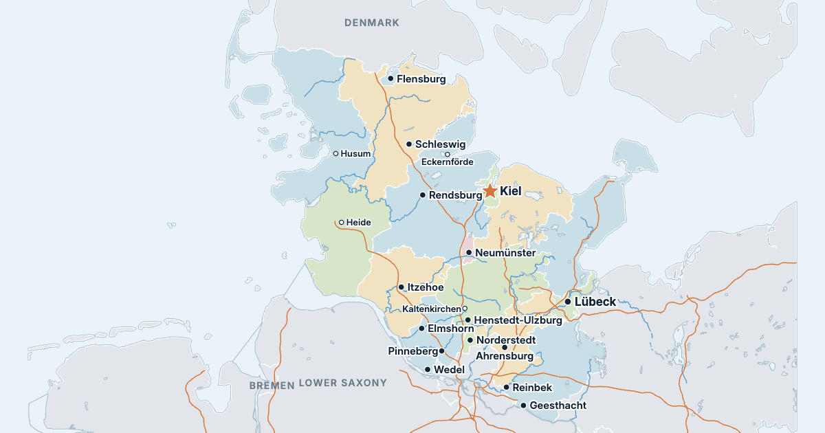 Map of Schleswig-Holstein with its largest cities