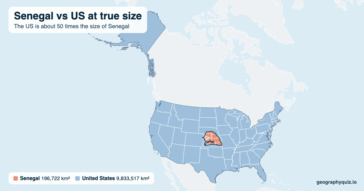 Senegal vs US size comparison map: Senegal laid over the US at true size. The US is about 50 times the size of Senegal.