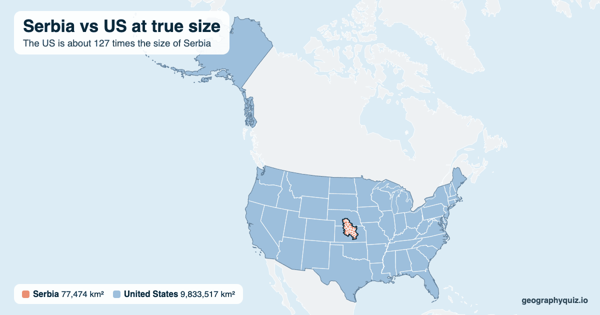 Serbia vs US size comparison map: Serbia laid over the US at true size. The US is about 127 times the size of Serbia.