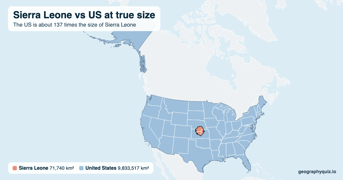 Sierra Leone vs US size comparison map: Sierra Leone laid over the US at true size. The US is about 137 times the size of Sierra Leone.