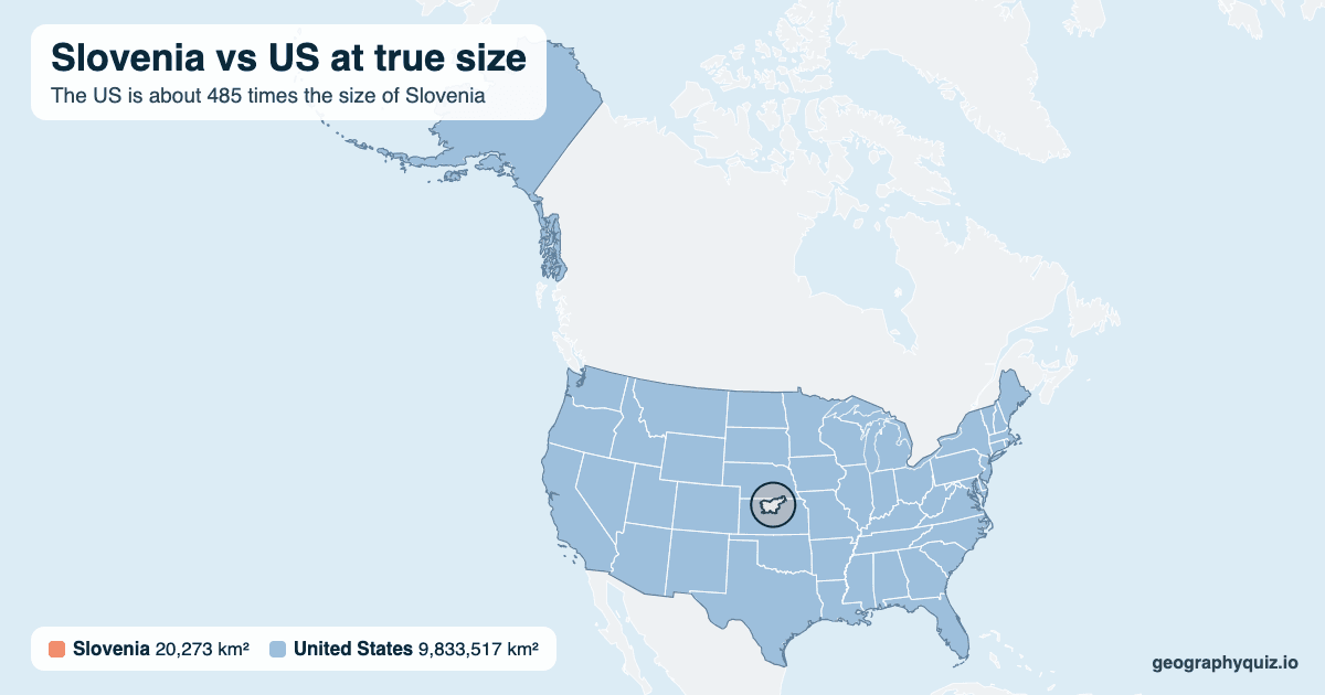 Slovenia vs US size comparison map: Slovenia laid over the US at true size. The US is about 485 times the size of Slovenia.