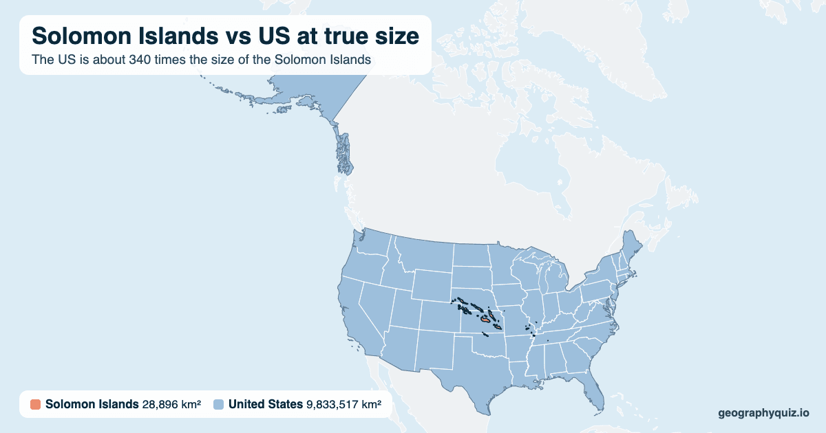 Solomon Islands vs US size comparison map: the Solomon Islands laid over the US at true size. The US is about 340 times the size of the Solomon Islands.