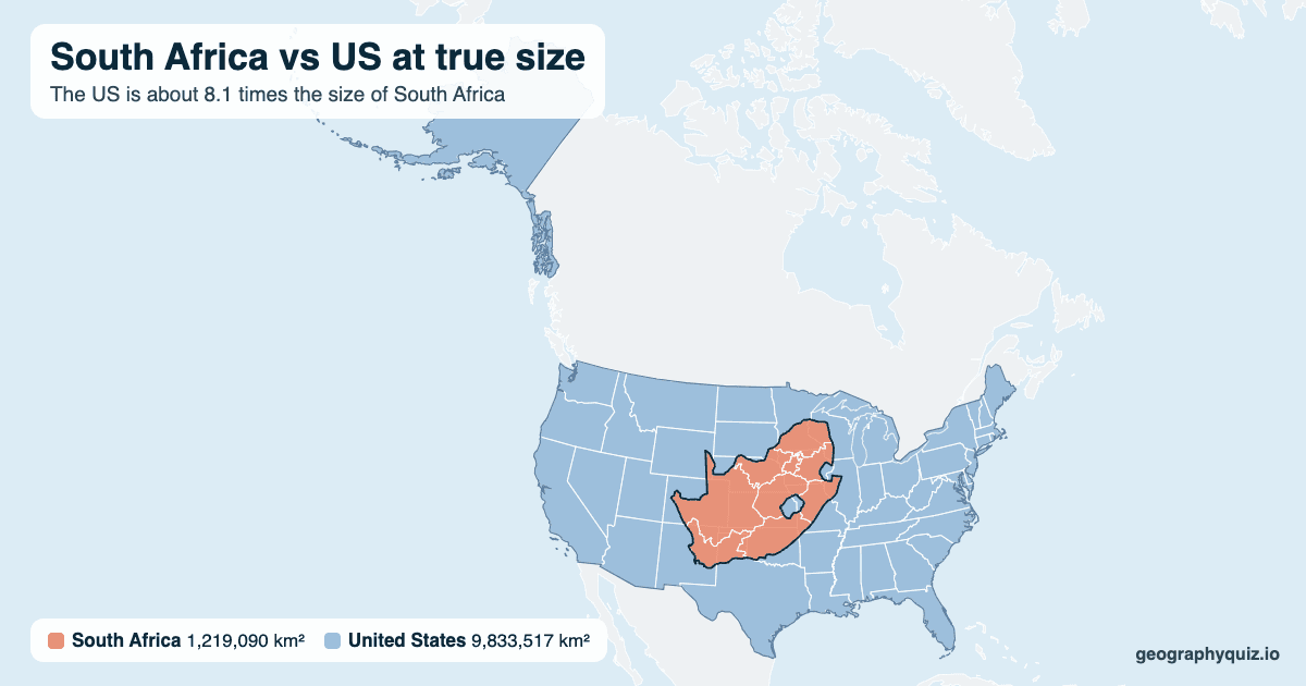 South Africa vs US size comparison map: South Africa laid over the US at true size. The US is about 8.1 times the size of South Africa.