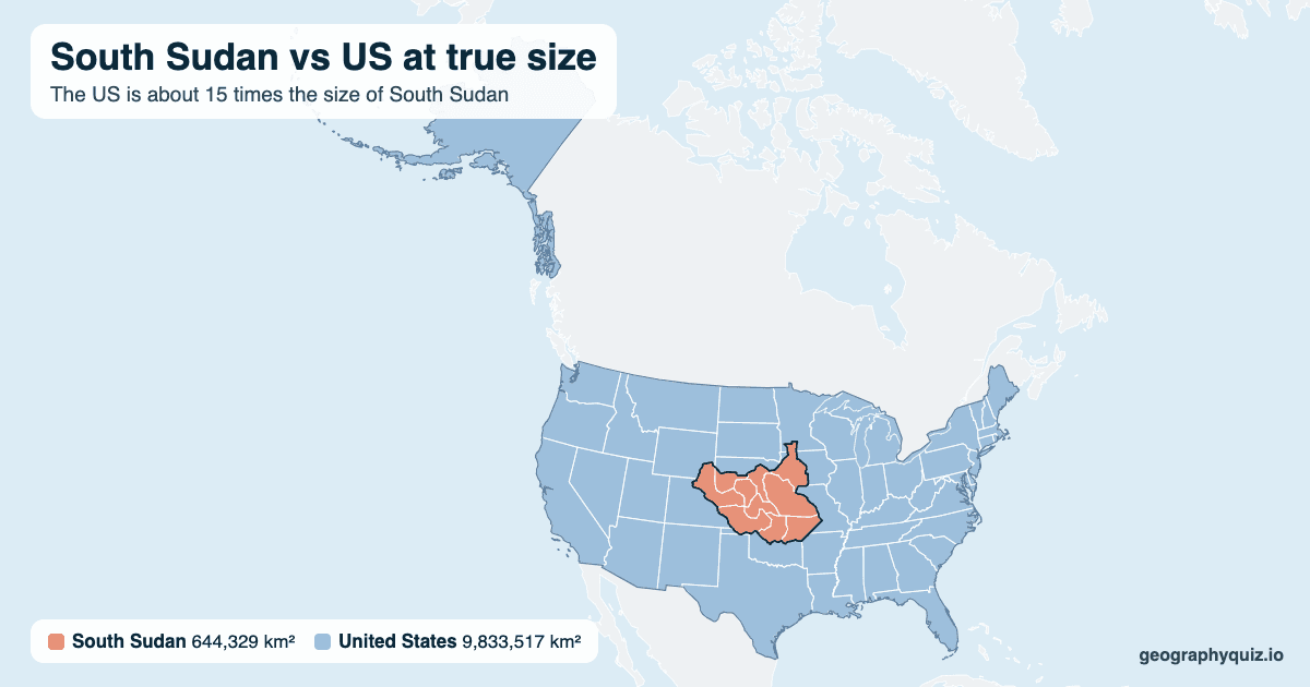 South Sudan vs US size comparison map: South Sudan laid over the US at true size. The US is about 15 times the size of South Sudan.