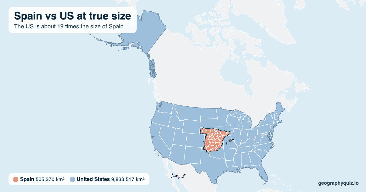 Spain vs US size comparison map: Spain laid over the US at true size. The US is about 19 times the size of Spain.