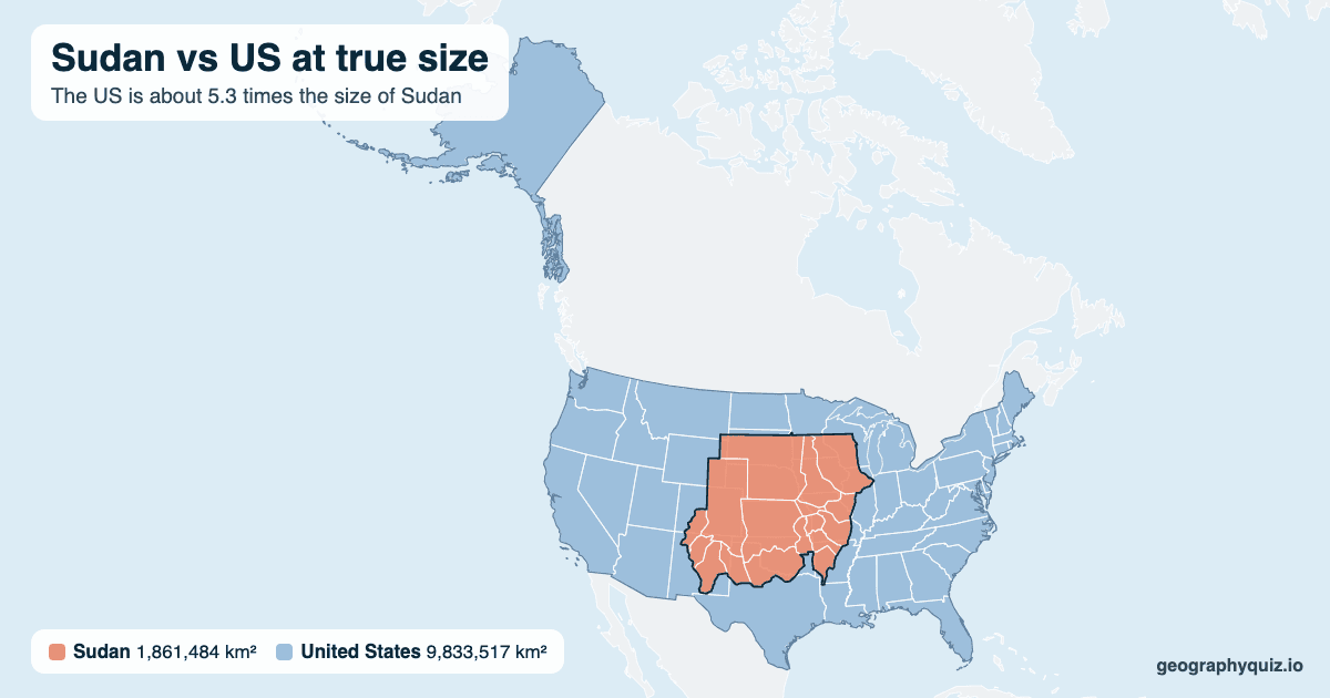 Sudan vs US size comparison map: Sudan laid over the US at true size. The US is about 5.3 times the size of Sudan.