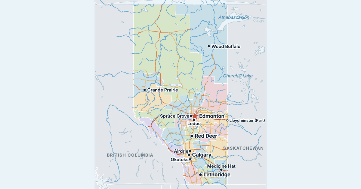Karta över Alberta med de största städerna