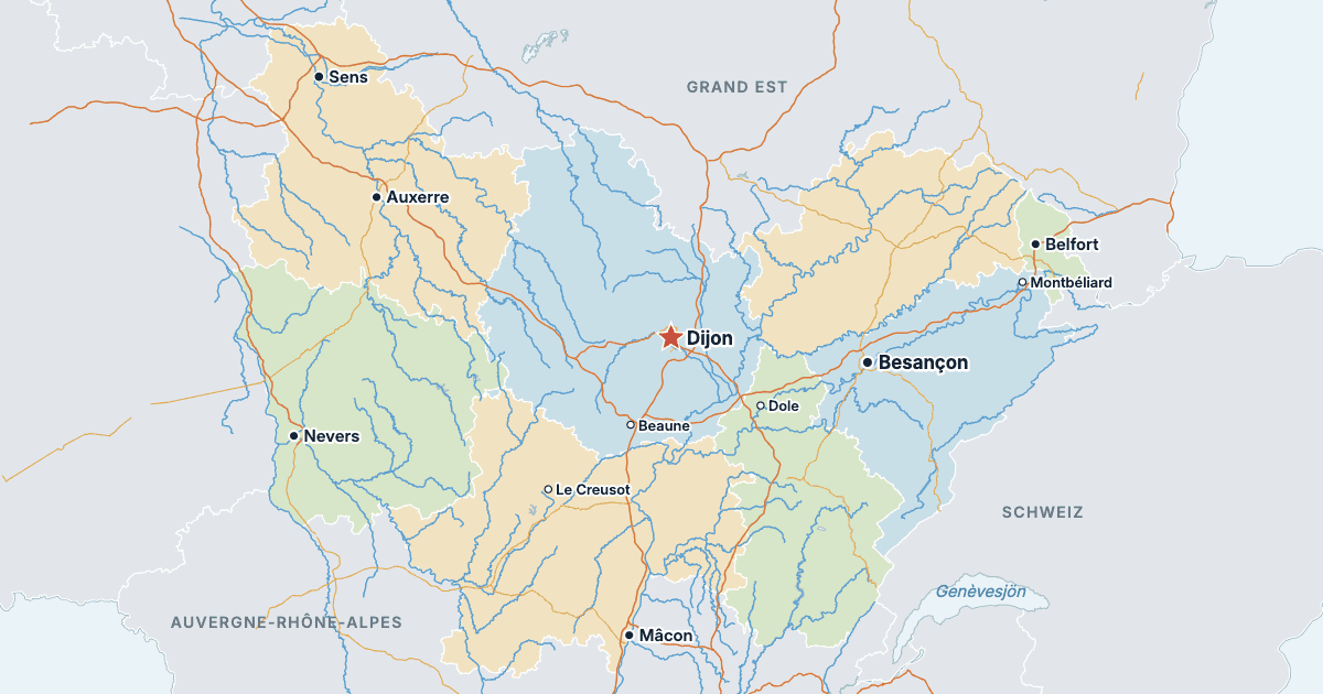Karta över Bourgogne-Franche-Comté med de största städerna