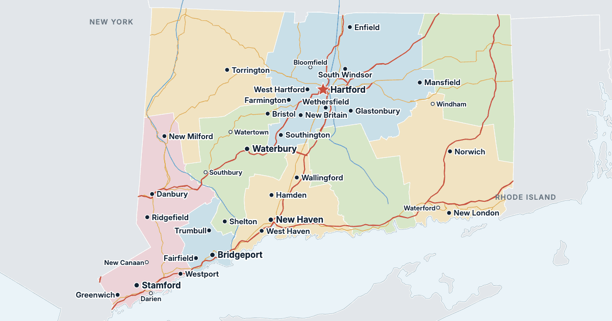 Karta över Connecticut med de största städerna