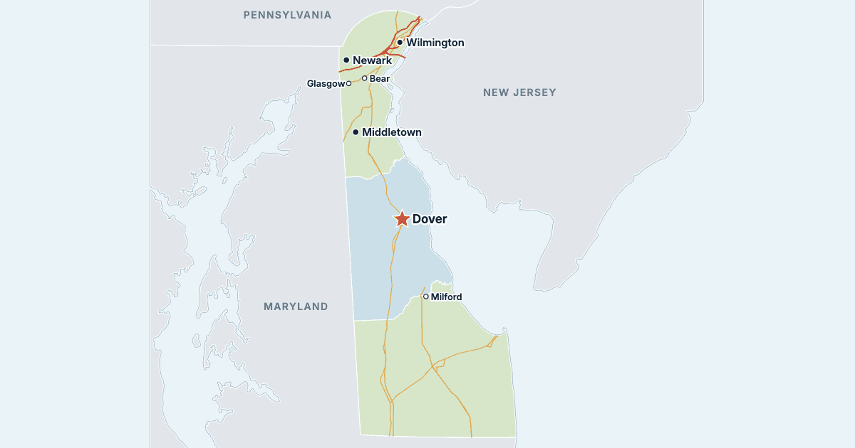 Karta över Delaware med de största städerna